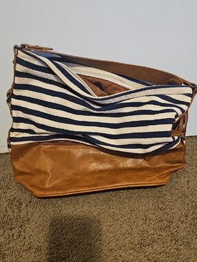 Mauries Striped Navy and Cream Canvas Tote with Tan Faux-Leather Base
